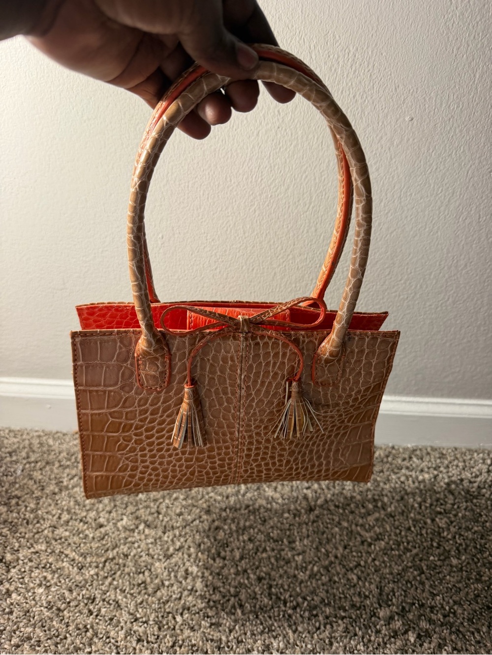 Liz Claiborne Croc-Embossed Satchel in Tan with Orange Interior